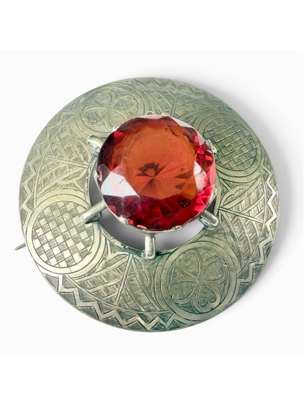 Large Victorian Scottish Kilt Cape Pin Carnelian Glass Celtic Plaid Brooch - Picture 3 of 10